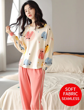 Women’s Cute Lazy Style Cotton Pajama Set – Soft, Loose Long Sleeves & Pants