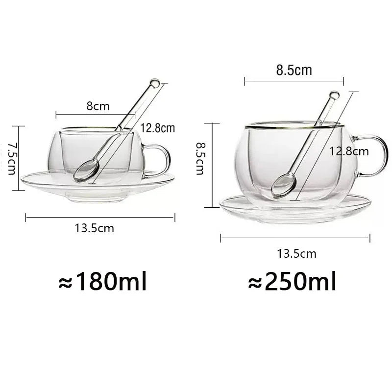 180/250ml Double Wall Glass With Dish And Spoon Clear Glass Espresso Cups Set Heat Resistant Handle Coffee Mug Drinkware