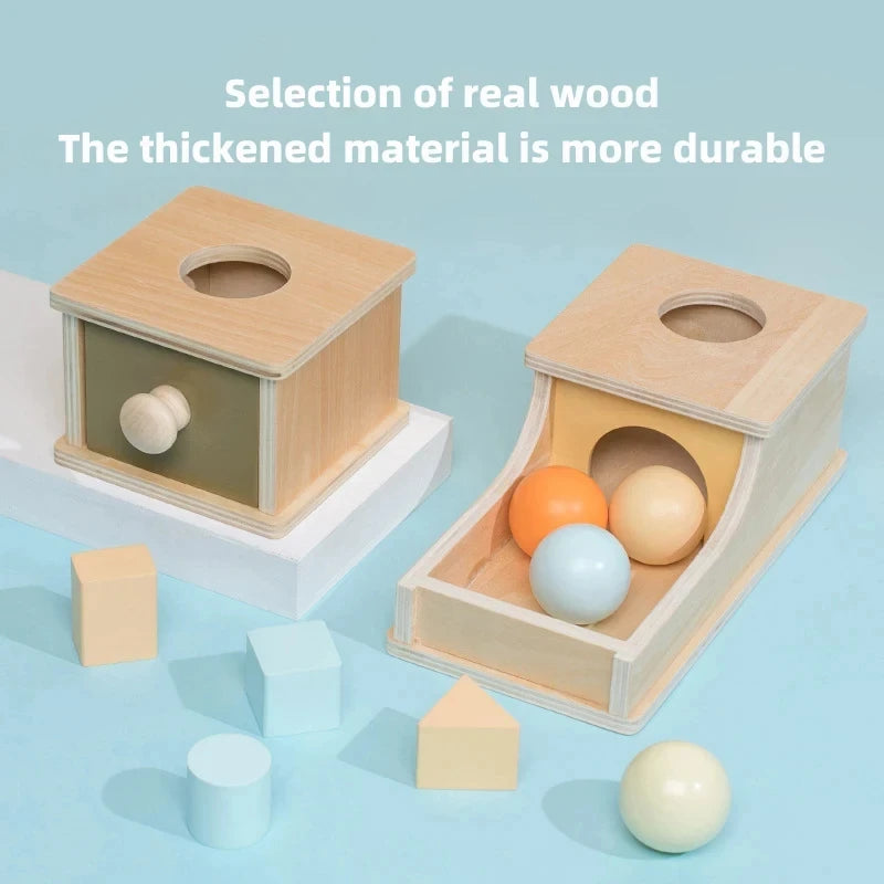 Montessori Coin Ball Box  Toy Wooden Object Permanence Box Macaroon Color Spinning Drum Drawer Box Educational Toys