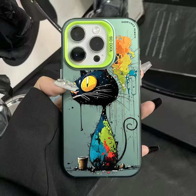 Personalized graffiti Cartoon Cat Phone Case For iPhone 15 16 Pro Max 14 Lens protect plating Cover