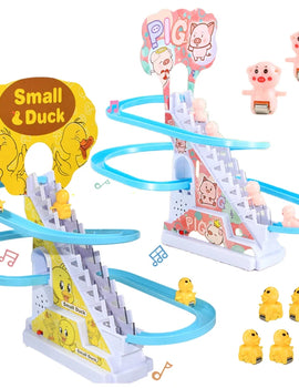Kids Electric Small Duck Climbing Stairs Toy DIY Rail Racing Track Music Roller Coaster Duck Toy For Baby Kids Gift