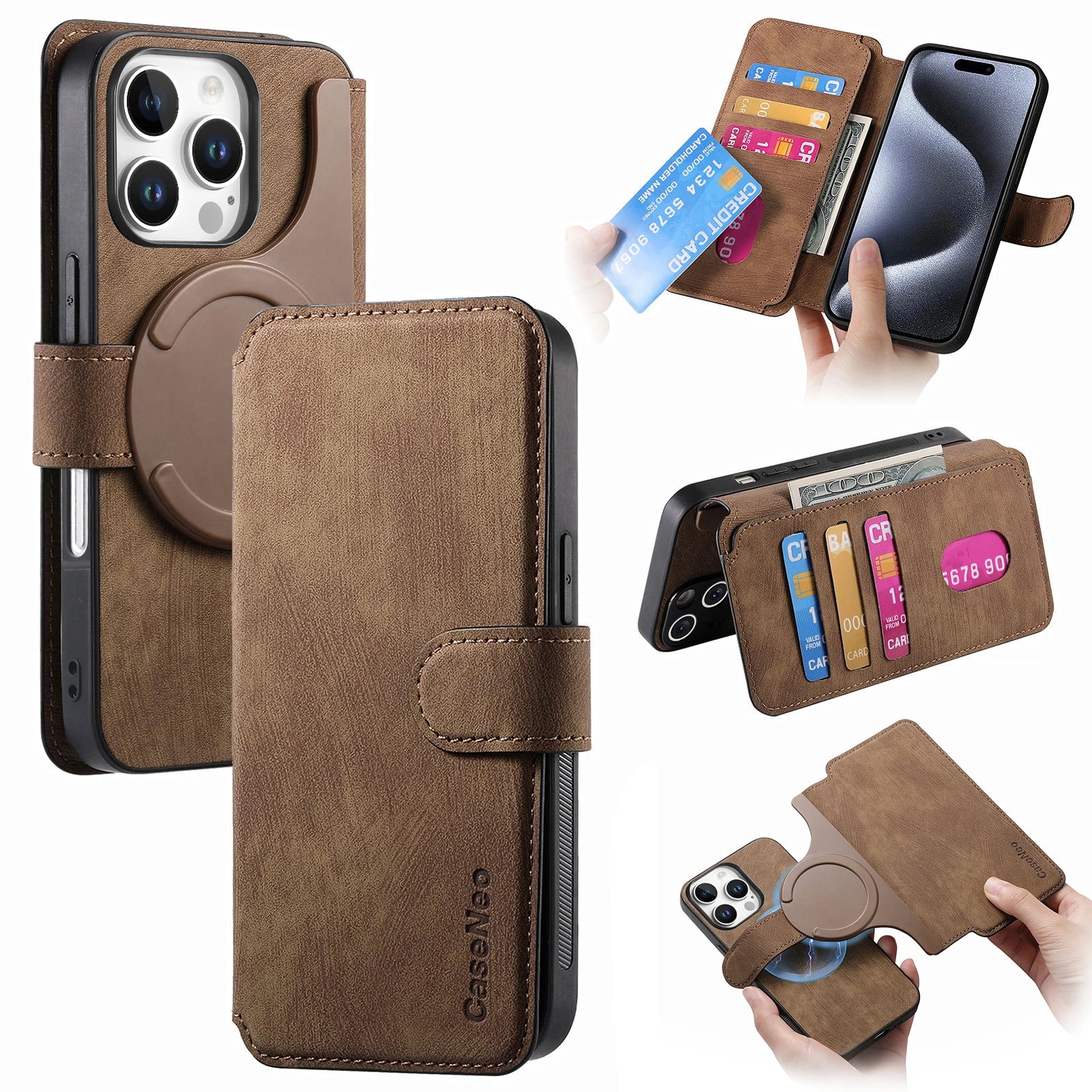 Flip Leather Wallet Case for iPhone 16 15 Pro Max 14 Plus 16E Magsafe  Detachable Card Slot Holder Cover