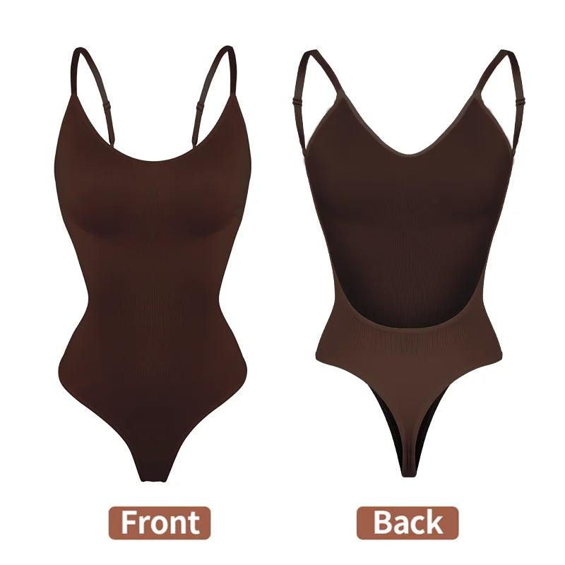 Deep V-Neck Backless Bodysuit Shapewear – Push Up Thong Body Shaper