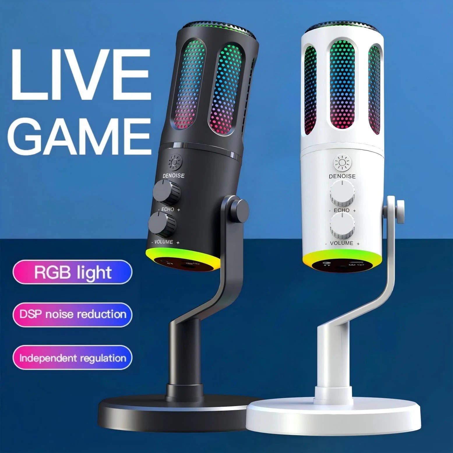 USB condenser microphone with RGB light, DSPnoise reduction, independent monitoring, used for media recording and live streaming