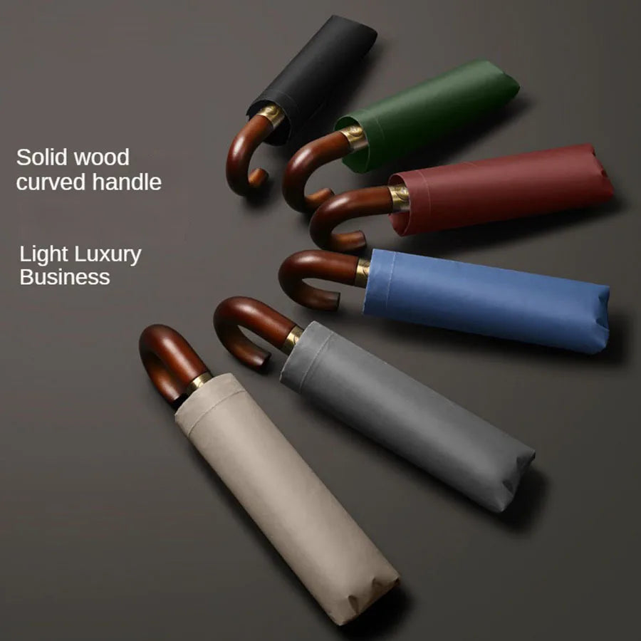 Windproof Automatic Folding Umbrella with UV Protection Curved Handle for Sun and Rain