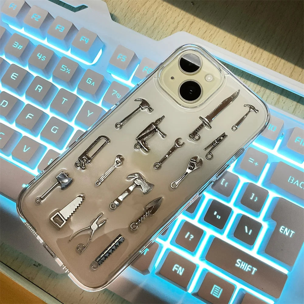 3D Tool Creative Handmade Fork Knife Clear Phone Case For iPhone 16 15 13 14 Pro Max Drip Glue Soft Silicone Back Cover
