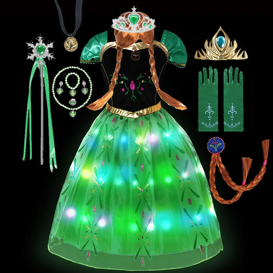 2-10Y Led Light Frozen Anna Princess Dress Girl Fancy Christmas New Year Birthday Carnival Party Gown 2024 Children Led Clothing