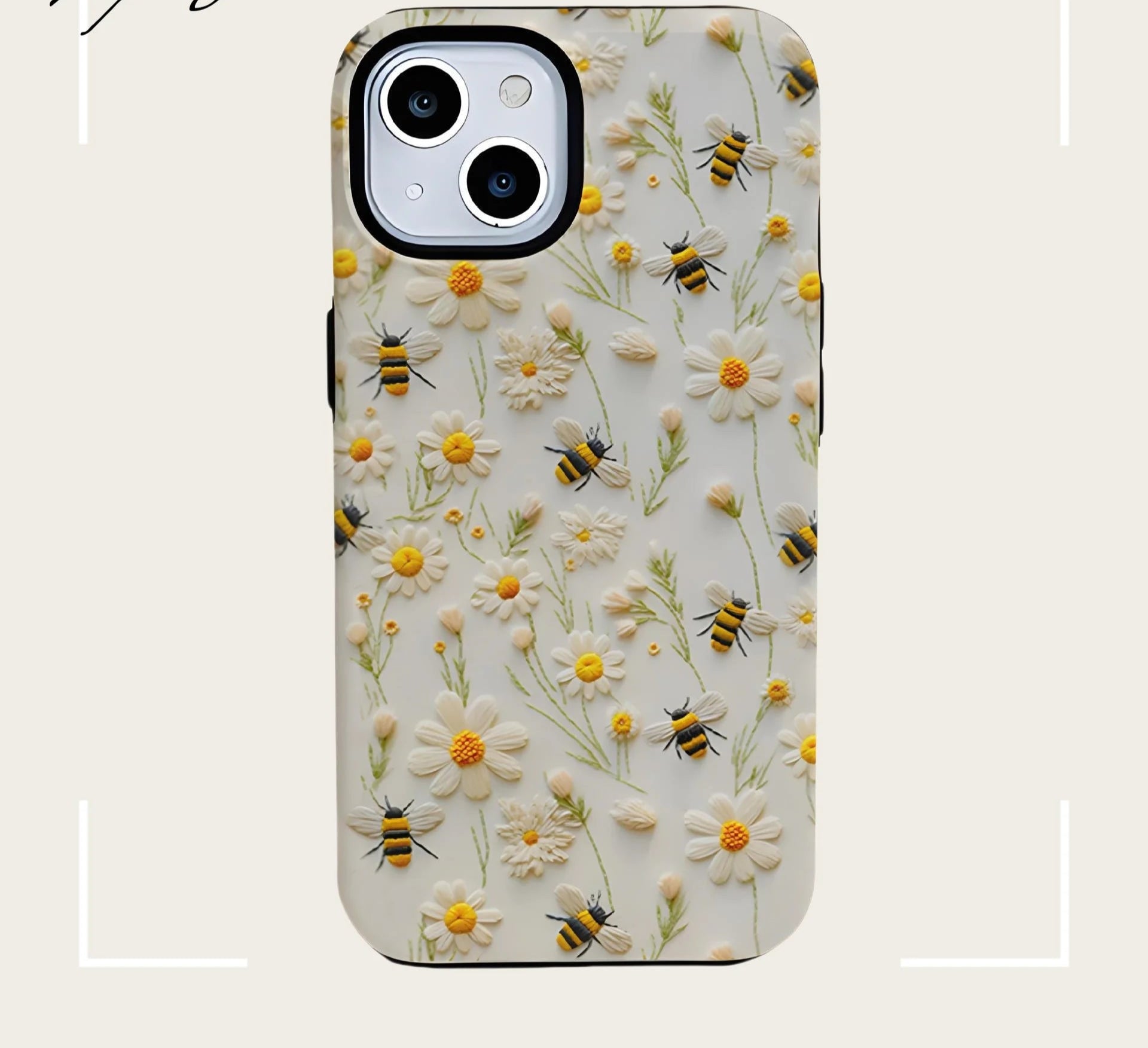Luxury Embroidery Effect Bee Daisy Flower Phone Case for iPhone 16 15 Pro Max Plus 2 in 1 Hard Protective Cover