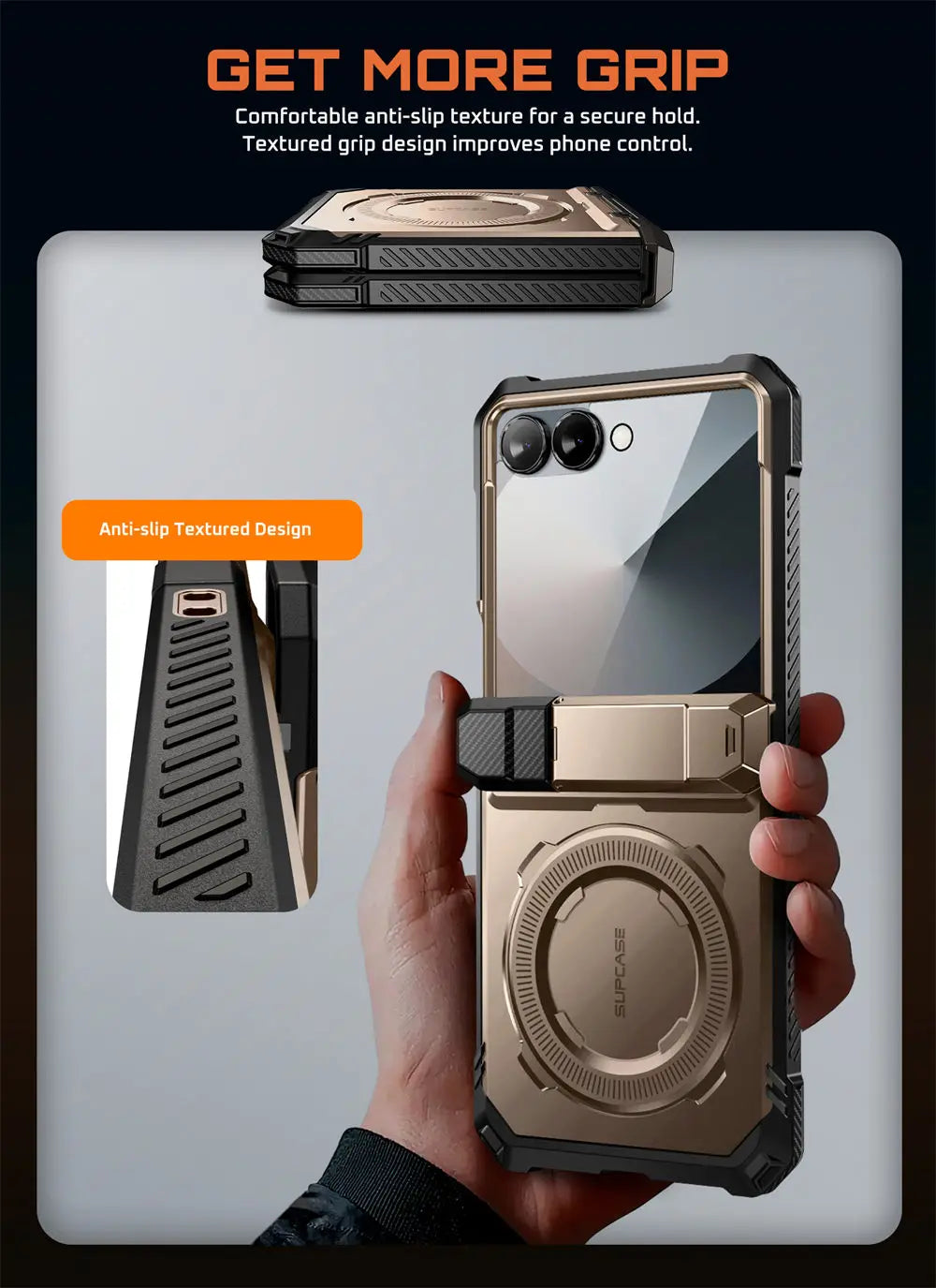 For Samsung Galaxy Z Flip 7 Case UB Grip Military-Grade Rugged Back Phone Case with Stand & Front Screen Protector