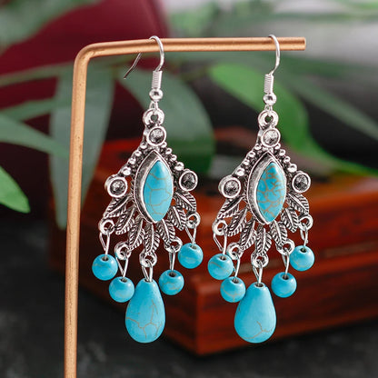 Vintage Bohemian Multiple Leaves Drop Earrings Natural Stone Beads Water Droplets Tassel Dangle Earrings