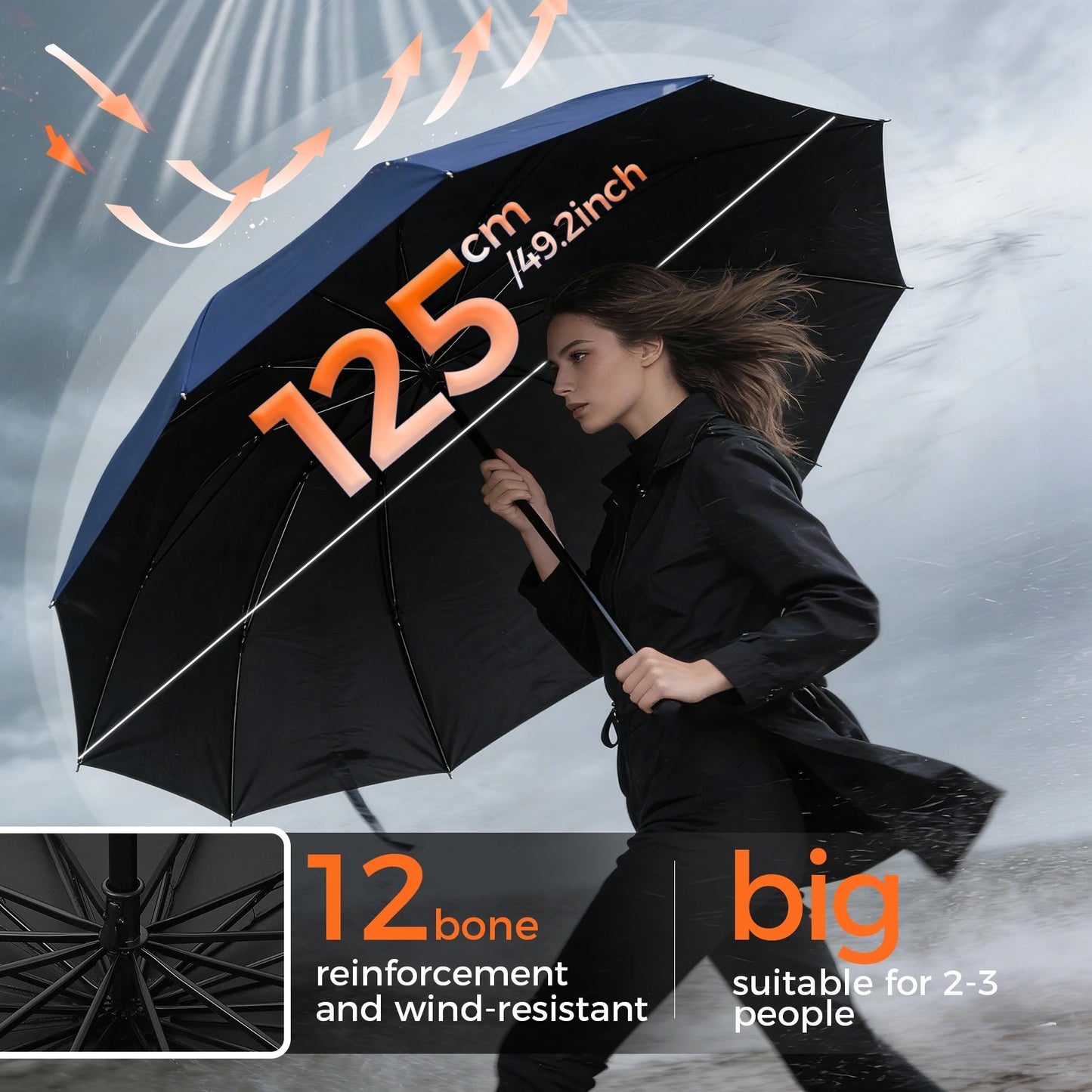 Large 12 Bone Windproof Folding Umbrella Waterproof Strong Frame Portable Travel Rain Umbrella