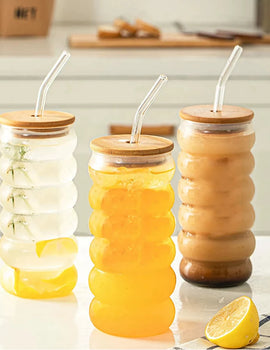 1/2pcs Beverage Glasses With Straws Glass Cups clear Ripple Drinking Glasses for Juice Beer Wine Champagne Cocktail 350/500ml