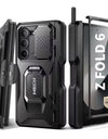 for Z Fold 6 Case with Ring Stand Built-in S Pen Holder & Glass Screen Protector with Slide Camera Cover Belt Clip Black