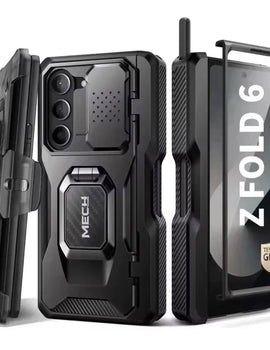 for Z Fold 6 Case with Ring Stand Built-in S Pen Holder & Glass Screen Protector with Slide Camera Cover Belt Clip Black