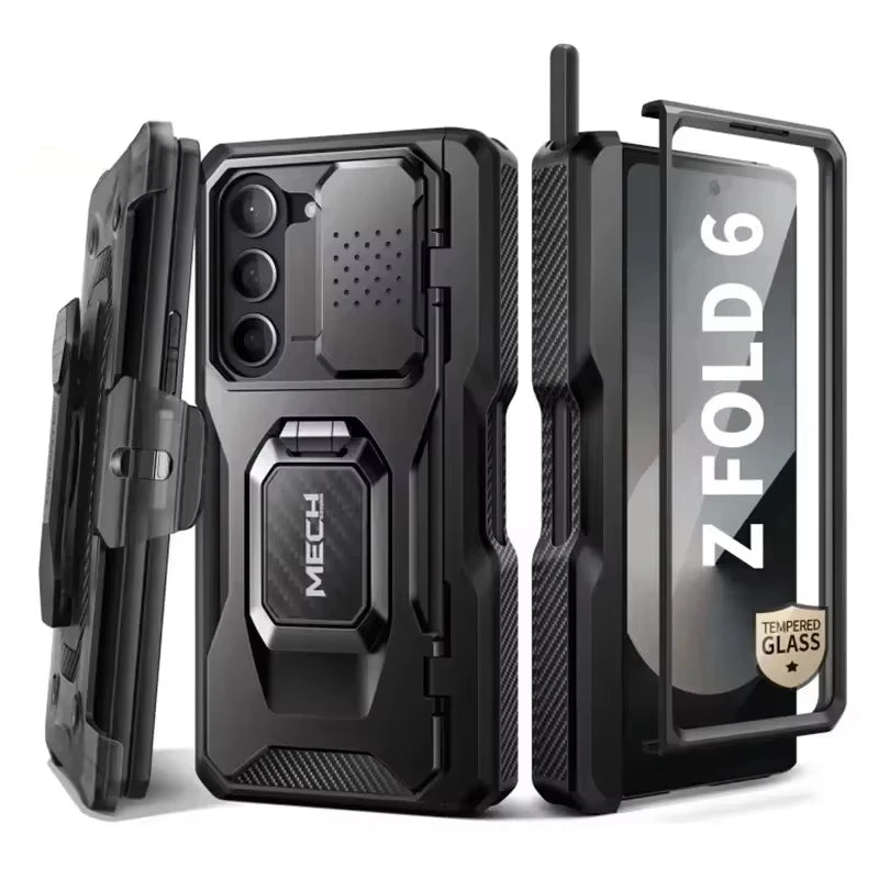 for Z Fold 6 Case with Ring Stand Built-in S Pen Holder & Glass Screen Protector with Slide Camera Cover Belt Clip Black