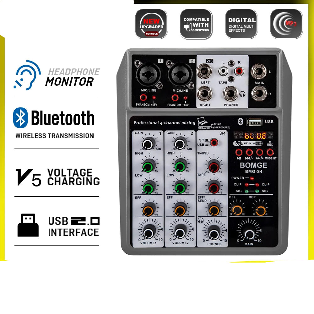 Professional 4 Channel Audio Mixer with USB Bluetooth Echo Delay and 48V Phantom Power