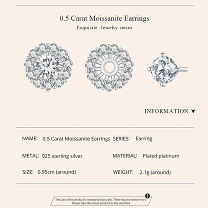 1.0 Ct D Color VVS1 Moissanite Classic Flower Detachable Stud Earrings For Women 925 Silver Stackable Wedding Earrings