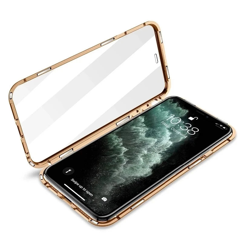 360°Full Protection Metal  Snap Lock Phone Case For iPhone 16 Pro Max 14 15 Pro Max Double-Sided Glass Bumper Case