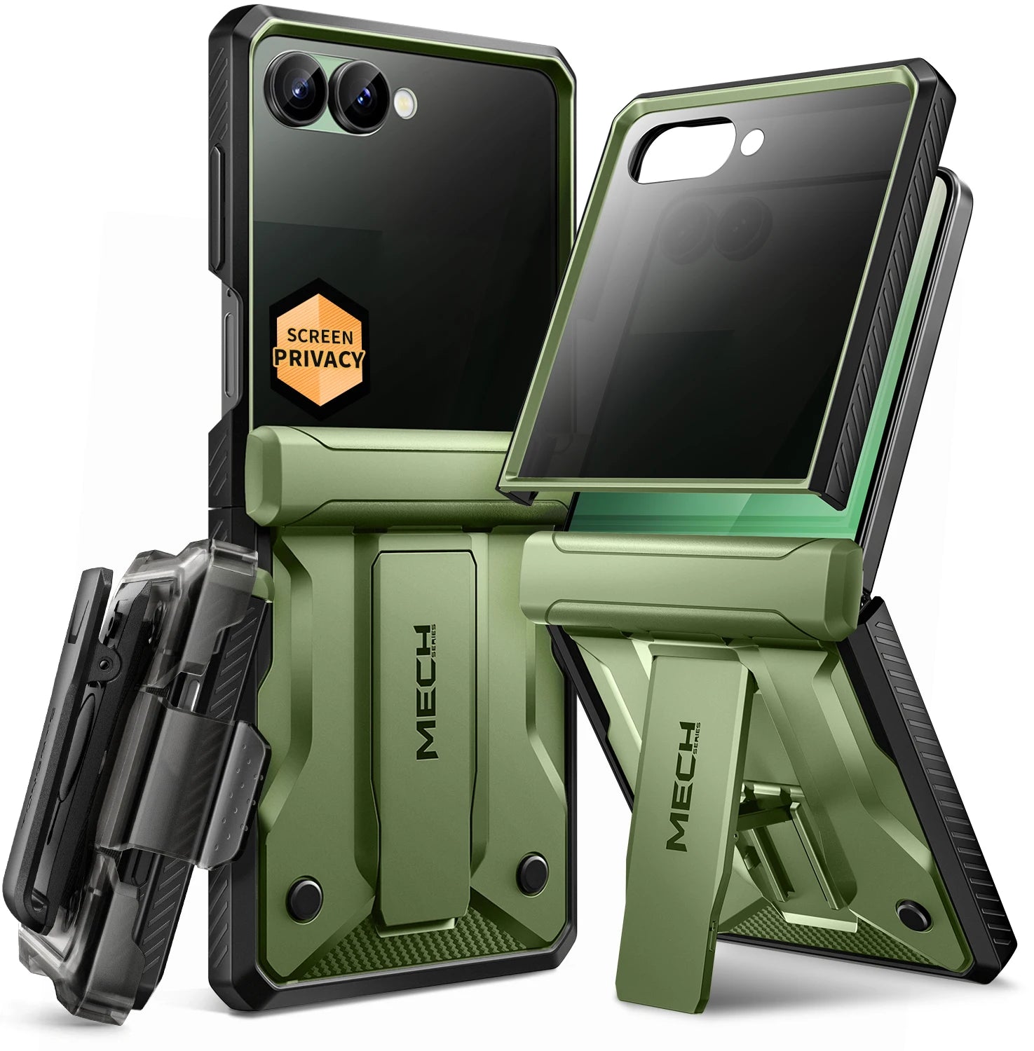 For Galaxy Z Flip 7 Case with Kickstand & 360° Rotatable Belt-Clip Built-in Privacy Screen Protector Hinge Protection Phone Case