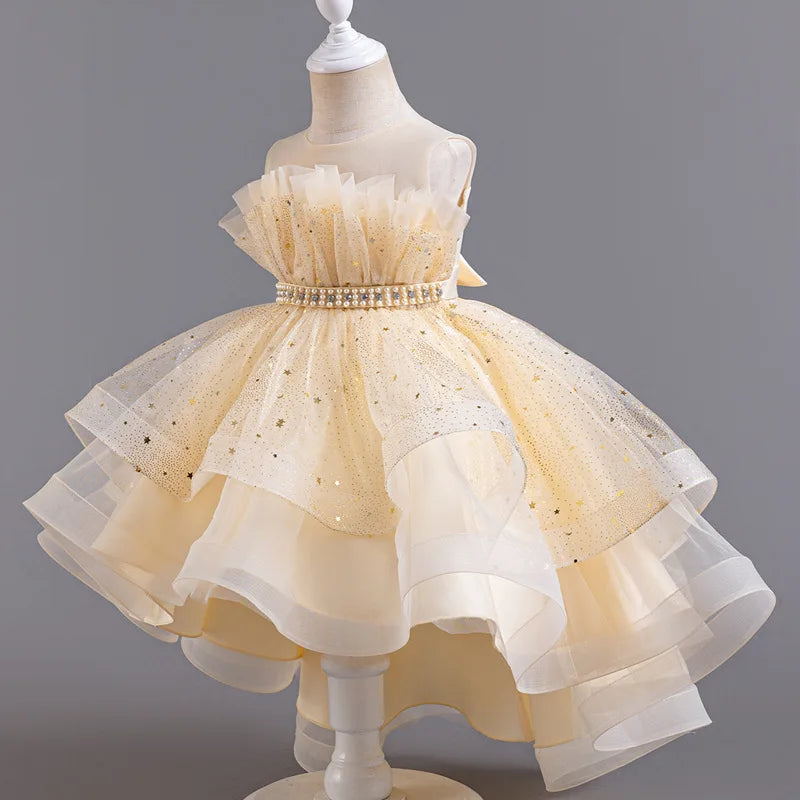 Elegant Girls' Performance Gown - Sleeveless Tulle Dress with Train for Piano Recital & Walk Show