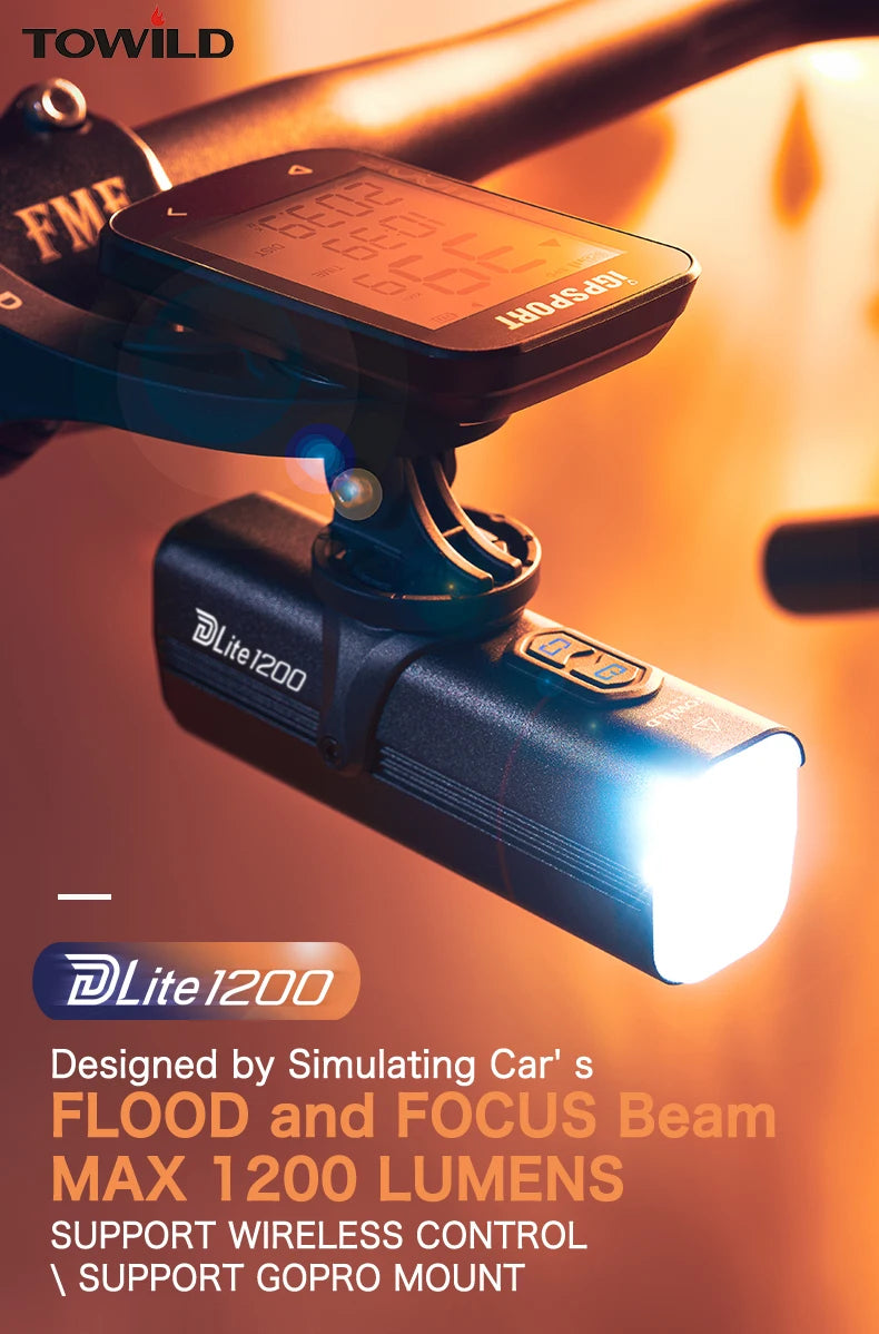 DLite 1200 Flood/Focus Beam Smart Remote Control 4000mAh battery Type-C rechargeable Road MTB Bike Light