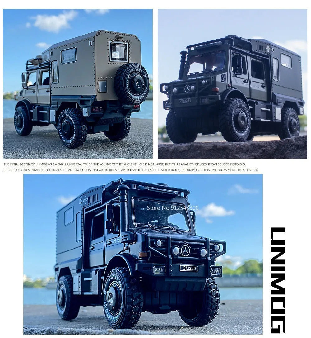 1:28 Scale X-Class 6x6 UNIMOG Motorhome Camping Car Model Toy Shock Absorption Sound Light Pull Back Off-road Vehicles Boys Gift