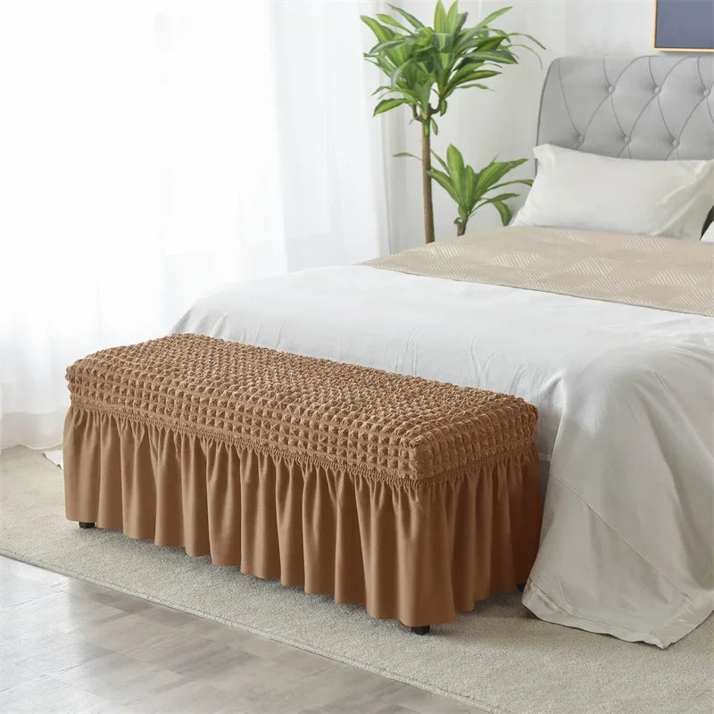 Stretch Long Bench Cover with Skirt Seersucker Ottoman Covers Elastic Piano Stool Protector Bedroom Bedside Footrest Slipcovers