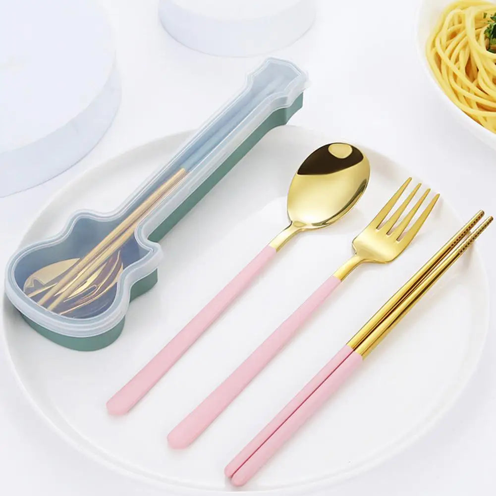2/3Pcs Cutlery Set Fork Spoon Chopsticks Dinnerware Set 304 Stainless Steel Portable Travel Flatware Guitar Box