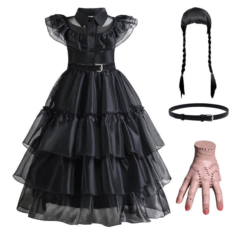 Girls Mesh Hollowed Out Cake Long Dress Cosplay American Drama Matching Ball Dress Black Kids Cospaly Dresses for Halloween