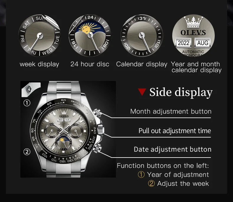 Automatic Watches Waterproof Stainless steel Luminous Month Phase Date Watch for Men Luxury Brand Wristwatch Mechanical