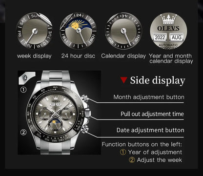 Automatic Watches Waterproof Stainless steel Luminous Month Phase Date Watch for Men Luxury Brand Wristwatch Mechanical