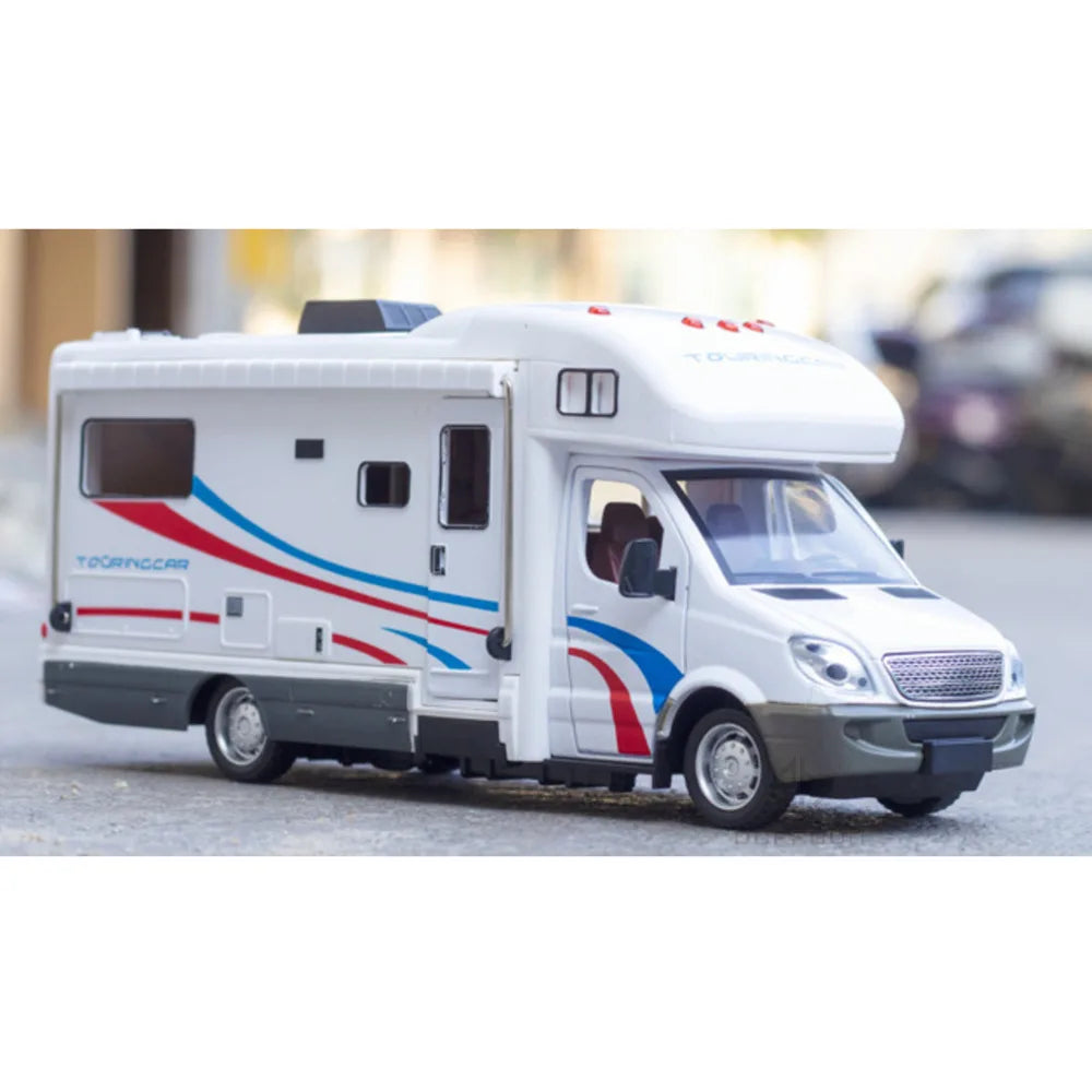 1:32 Alloy Diecast Touring Car Model Toys 3 Doors Opened Sound Light Campervan RV Trailer Vehicles s Toy Gift Collection