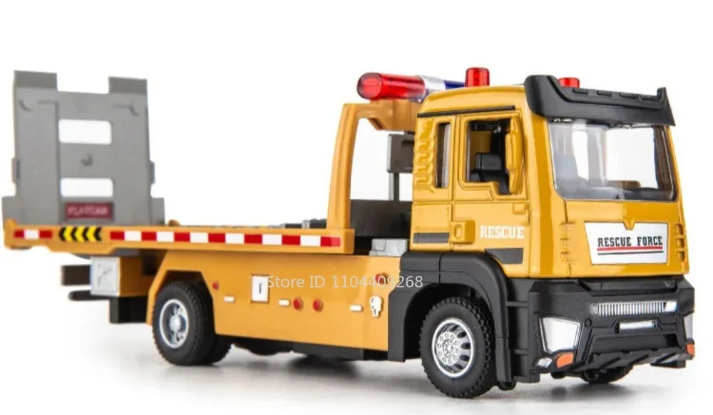 1:32 Flatbed Trailer Roadblock Transpot Truck Model Toy Alloy Diecast Vehicle Simulation Engineering Models Sound Light Gifts