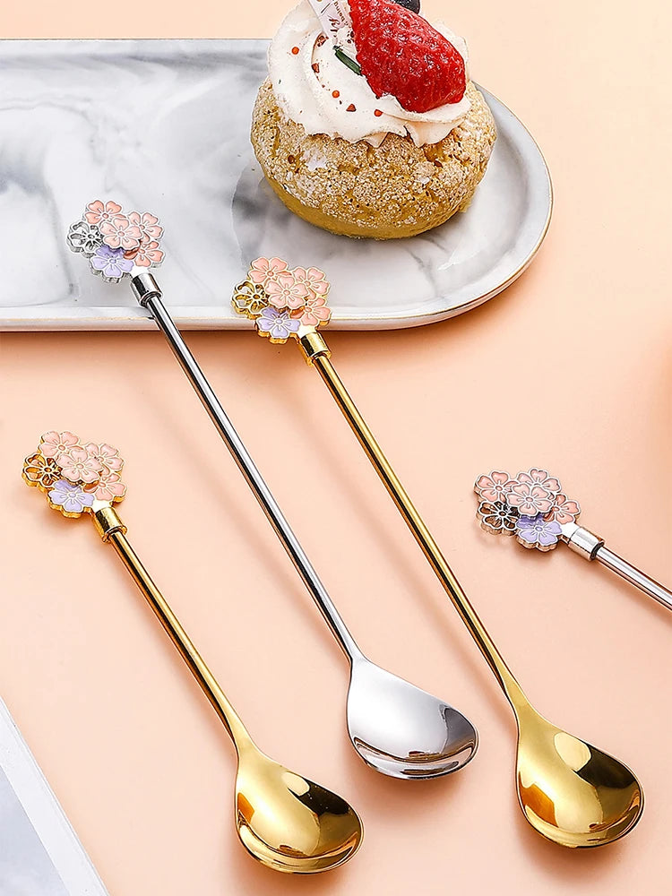 Colorful Cherry Spoons Long Handle Dessert Spoon 304 Stainless Steel Petal Teaspoons Catoon Blossom Star Fish Shape Home Decor