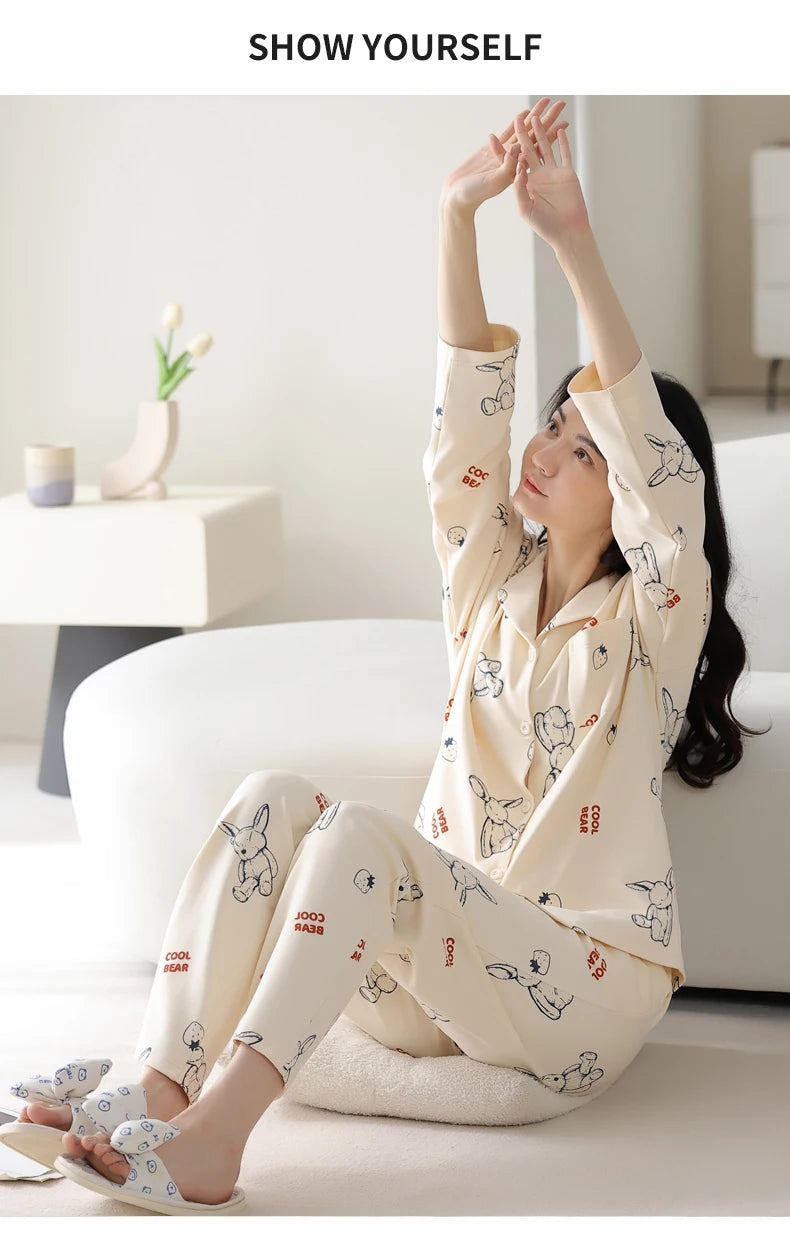 Women’s Winter 100% Cotton Pajama Set – Loose Fit, Turn-Down Collar, Long Sleeves, Cute Pink