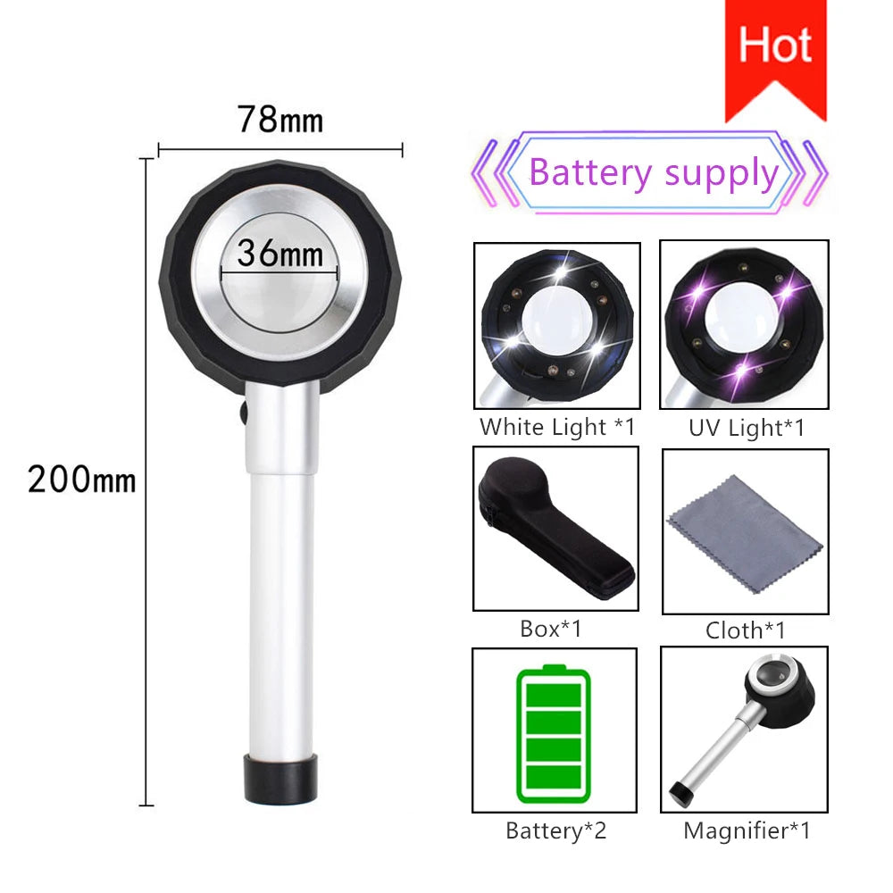 45X LED UV Magnifier Loupe with Scale Metal Handheld