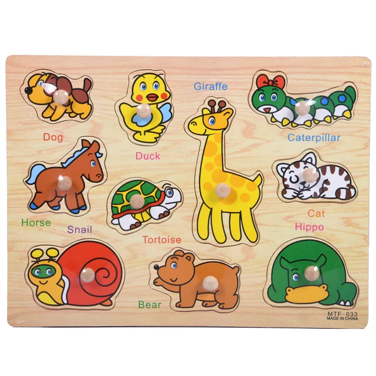 Montessori Wooden Puzzles Hand Grab Boards Toys Tangram Jigsaw  Educational Toys Cartoon Vehicle Animals Fruits 3D Puzzles