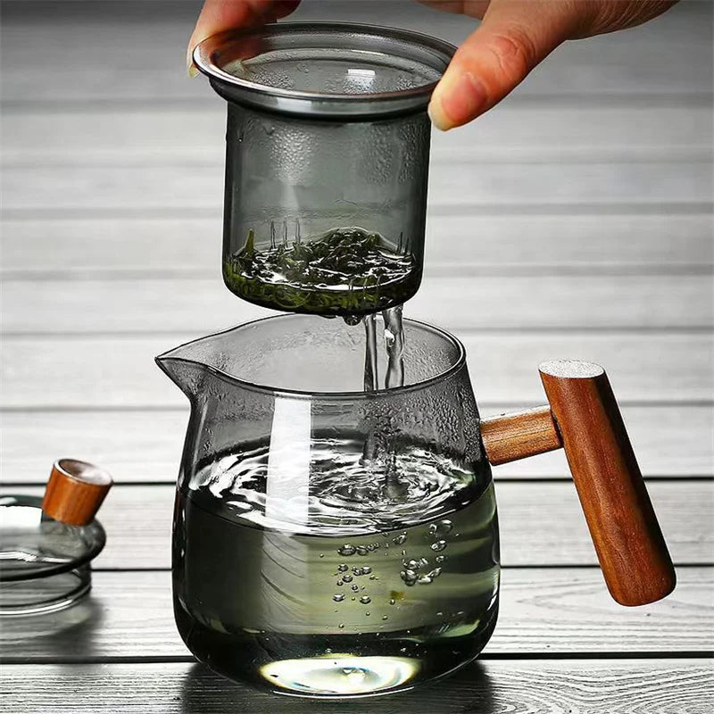 480ml Heat Resistant Glass Teapot with Wood Handle and Infuser