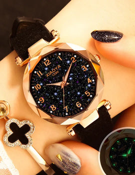 Luxury Starry Sky Watch for Women Fashion Ladies Quartz Wristwatch Red Leather Waterproof Clock
