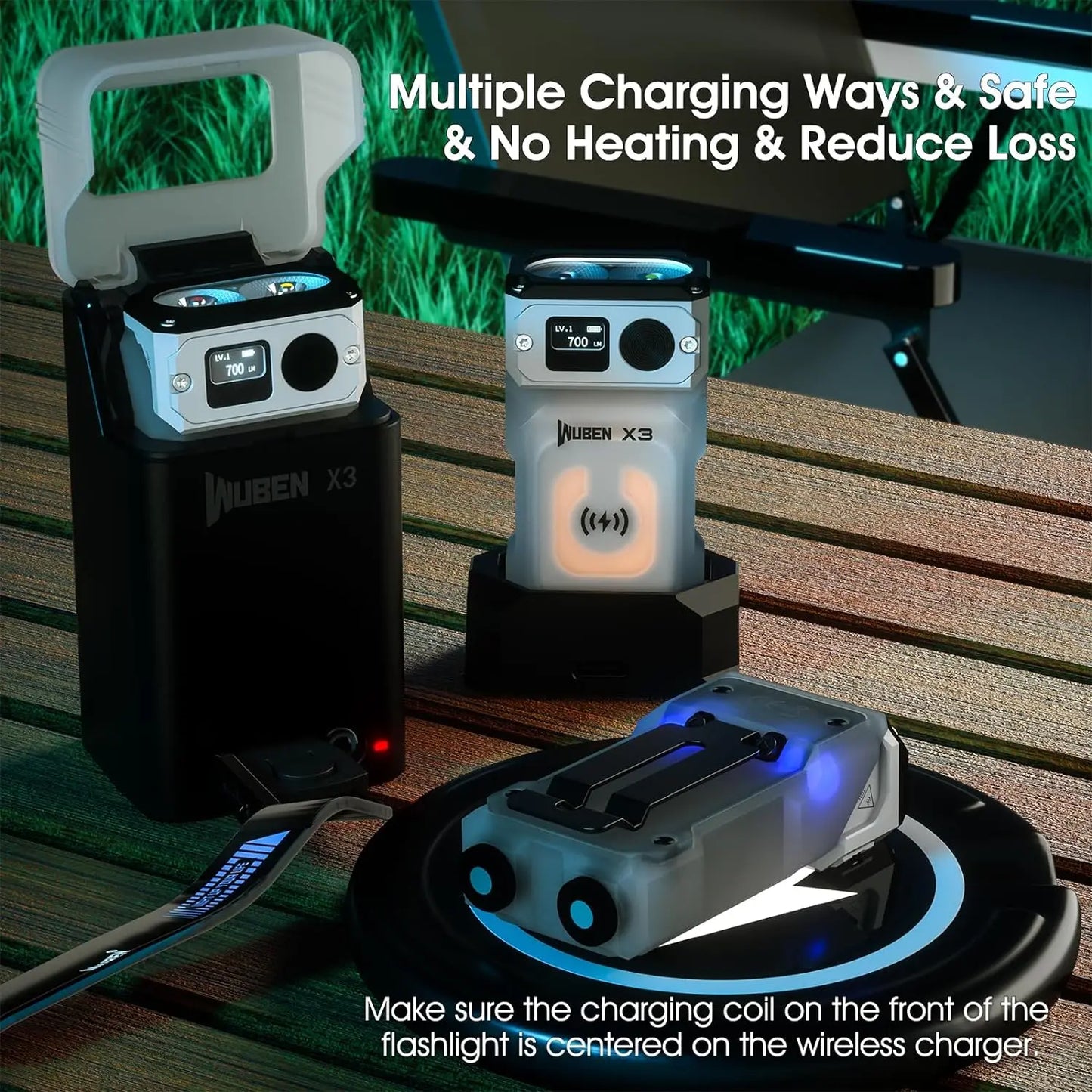 700 Lumen Rechargeable Swivel Head EDC Flashlight With Wireless Charging Case