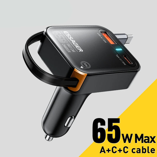 65W USB C Car Charger 3 Port Retractable Cable PD 3.0 QC 3.0 Fast Charging Adapter