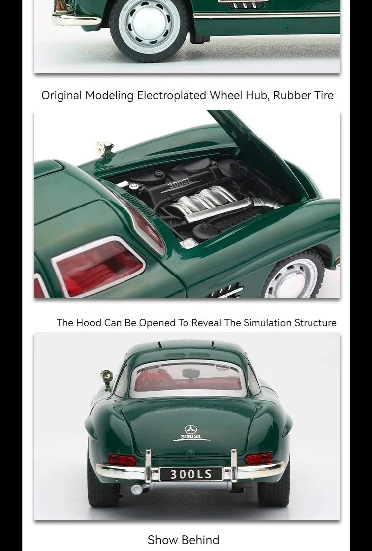 1:32 500K 300SL Vintage Car Model Toy Shock Absorption Alloy Diecast Vehicle Models Sound Light Pull Back Collection Gifts