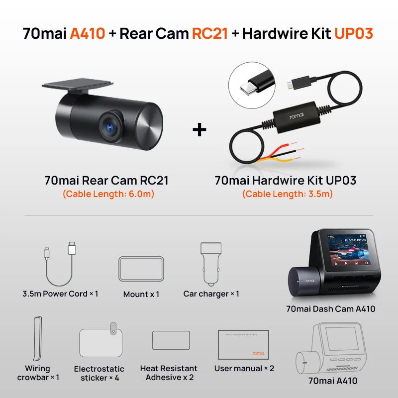 Dash Cam A410 2.5K 1440P Front + 1080P Rear Car DVR – HDR Night Vision, GPS, WiFi App, 24H Parking Monitor