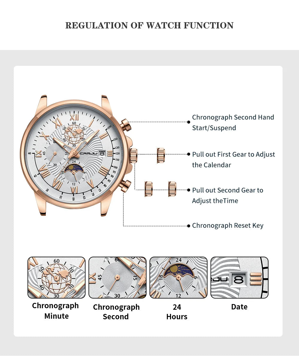 Watch Fashion Business Quartz Watch Sun, Moon and Star Multifunctional Luminous Waterproof Father's Day Gift