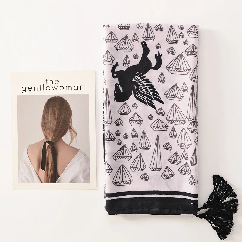 Beige Coffee Scarf Luxury Thin Women Scarves Spring Floral Hijab Veils Soft Cotton Shawl Wrap Tassel Viscose Muslim Woman Hijab