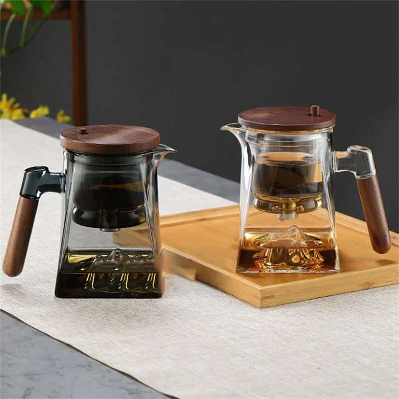 One Click Tea Separation Filtration Bottom Mountain View Glass Teapot With Wood Handle 700ml Kungfu Tea Water Separation Tea Pot