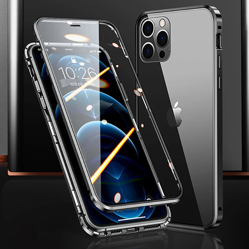 360°Full Protection Metal  Snap Lock Phone Case For iPhone 16 Pro Max 14 15 Pro Max Double-Sided Glass Bumper Case