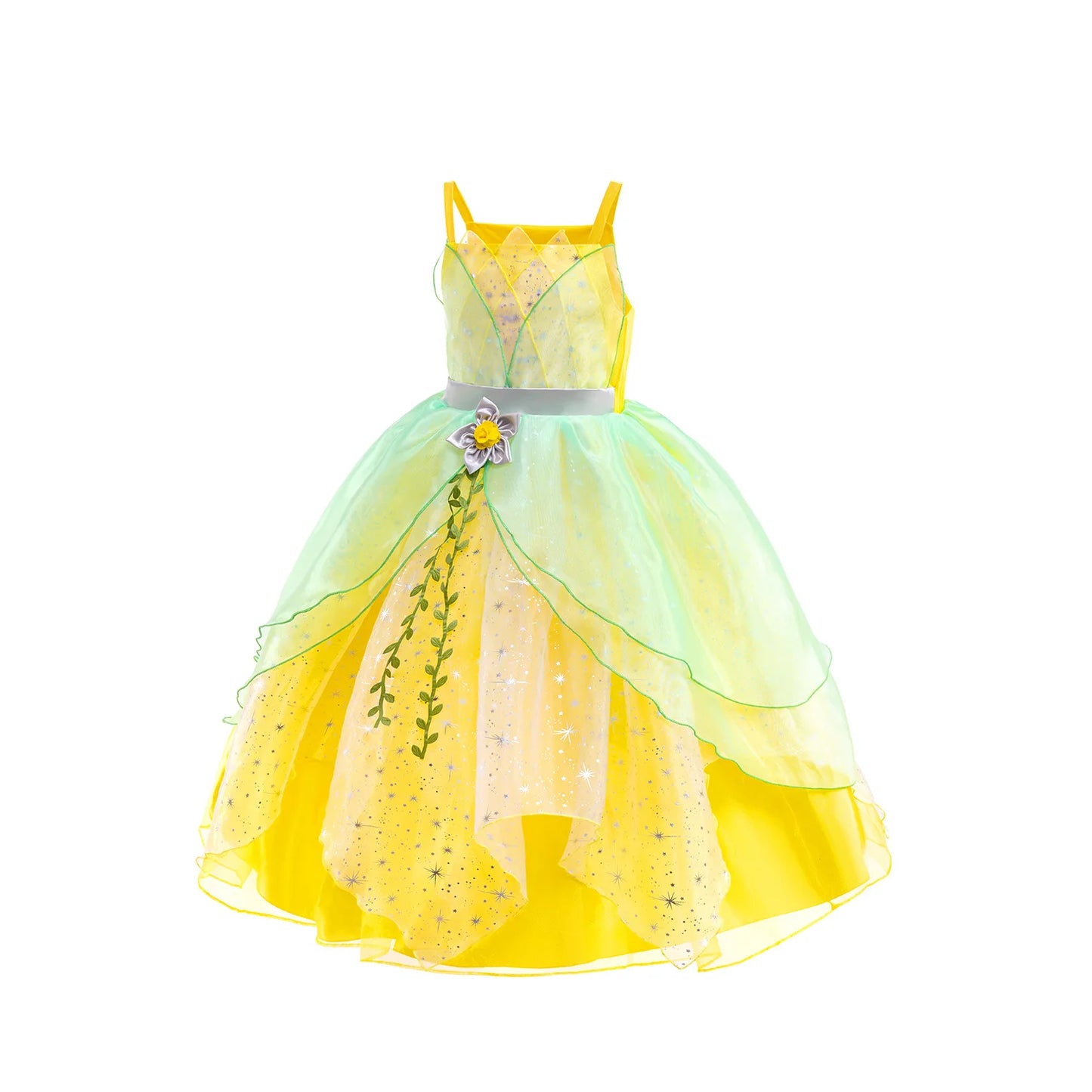Layered Tulle Fairy Princess Dress Green Yellow Sling Party Costume