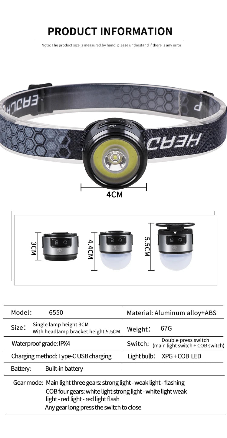 XPG + COB Multifunction Headlamp Rechargeable Magnetic Clip Light Camping Work Torch with Red Light