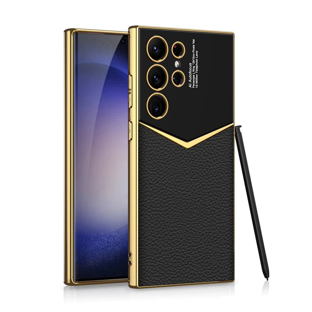 Electroplated Leather Shockproof Case for Samsung Galaxy S26 / S25 / S24 Ultra – Full Coverage Soft Silicone Protective Back Cover with Card Holder
